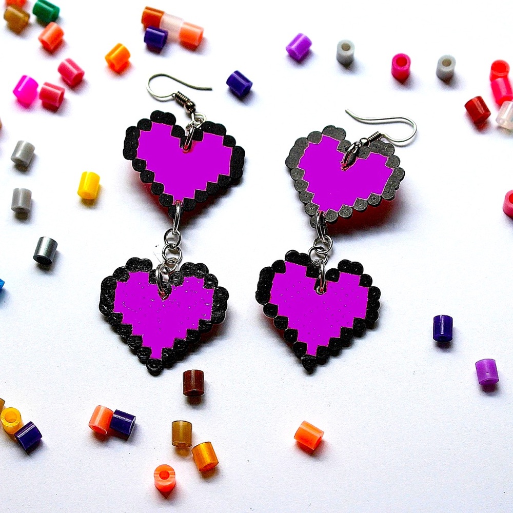 💜💙 Heart Perler Dangling Earrings 🧡💛